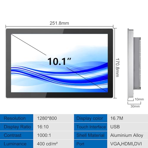 GreenTouch 10.1 Inch Industrial Embedded Interactive Touchscreen Monitor, Capacitive Multi-Touch Screen Display with Front IP65 Water-Proof - 1280 x 800 Resolution - size: 10.1 IN