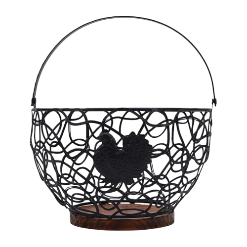 Rustic Wooden Base Wire Egg Basket with Sturdy Metal Handle Farmhouse Kitchen Decor Easter Display Coop - color: Black