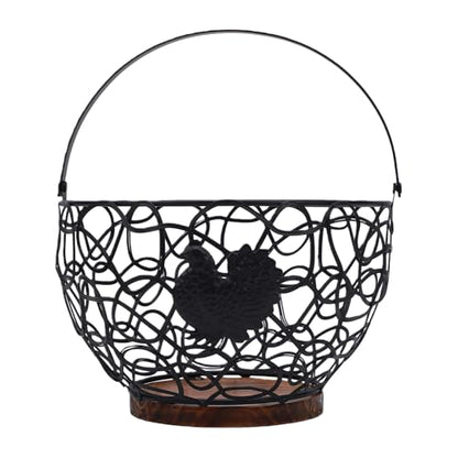 Rustic Wooden Base Wire Egg Basket with Sturdy Metal Handle Farmhouse Kitchen Decor Easter Display Coop - color: Black