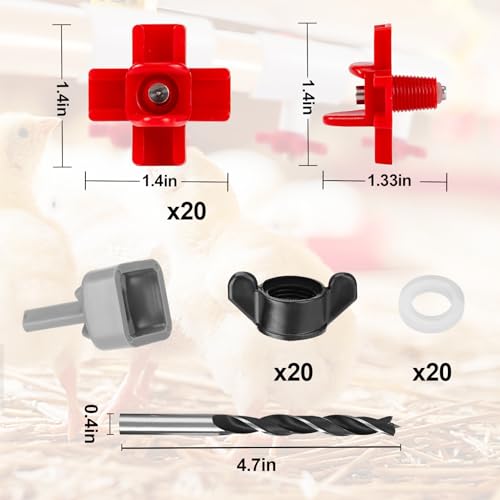 20 Pack Chicken Waterer Nipples - Easy Install Leakproof Poultry Watering System for Chicken Coop, Quail Duck Water Feeder Nipples with Drill Bits