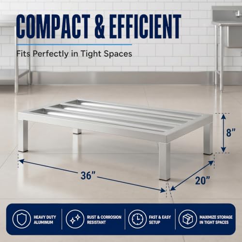 36" x 20" x 8" Aluminum Dunnage Rack – Heavy Duty Floor Storage Stand, NSF for Commercial Use - size: 36"W x 20"D x 8"H