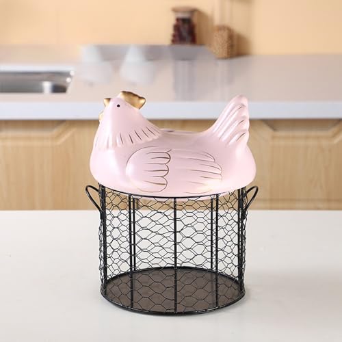 Chicken Egg Basket, Chicken Egg Holder, Black Wire Chicken Egg Collection Baskets with Ceramic Lid and Handle for Gathering Fresh Eggs, Farmhouse Style Egg Storage Container for Kitchen(Pink) - color: Pink