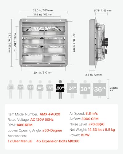 VEVOR 20'' Exhaust Fan, Wall Mounted Attic Fan with Variable Speed, 3000 CFM, Automatic Shutter, Ventilation and Cooling, Silver, Fan Only - size: 20 Inch