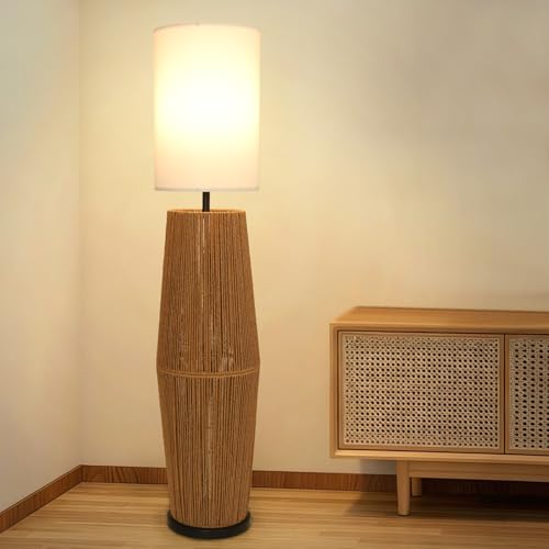 Vintage Floor Lamps for Living Room, Farmhouse Floor Lamp with Linen Shade, Boho Standing Lamp for Home Decor, Rustic Tall Lamp for Bedroom Office, Display Column Corner Lamp - style: Farmhouse