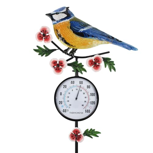 Hummingbird Outdoor Thermometer, 35" Tall No Battery Needed Outside Thermometer with Garden Stake, Indoor Wall Thermometer for Yard Patio Decor - color: Blue Hummingbird