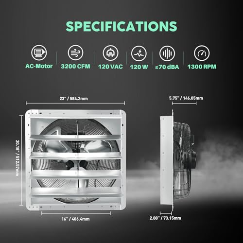 YOZON 20" Shutter Exhaust Fan with Speed Controller, Wall Mounted Wall Exhaust Fan, Automatic Shutter, High Speed, 3200CFM, Vent Fan for Garage, Greenhouse, Shed, Warehouse and Workshop - Silver - size: 20 INCH Silver