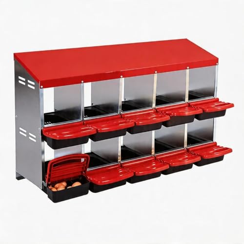 Hetoy Chicken Nesting Box with Roll Out Egg Collection, Metal Multi Compartment Hen Laying Box w/Ventilation & Resting Platform, Wall Mounted/Floor Rollaway Nesting Boxes for Laying Eggs - color: Red with Cage, size: 10 Compartment