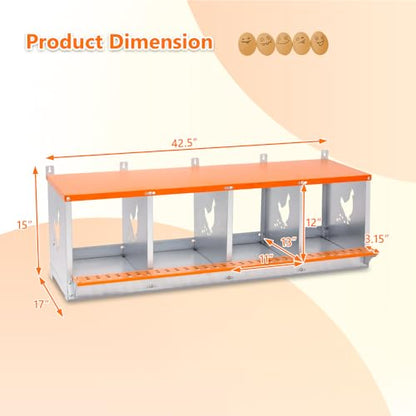 Heavy-Duty Wall-Mounted Metal Nesting Box for Chickens and Ducks – Ventilated Galvanized Steel Coop Accessory with Easy Egg Harvest (4-Orange)