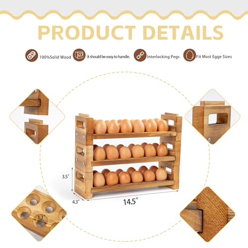 Egg Holder Countertop, 3-Tier Egg Storage for Countertop Organizer, Holds 36 Eggs, Wooden Egg Holder Fits Duck, Turkey, Chicken Eggs