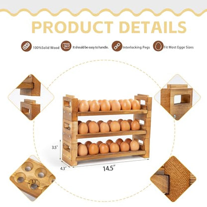 Egg Holder Countertop, 3-Tier Egg Storage for Countertop Organizer, Holds 36 Eggs, Wooden Egg Holder Fits Duck, Turkey, Chicken Eggs