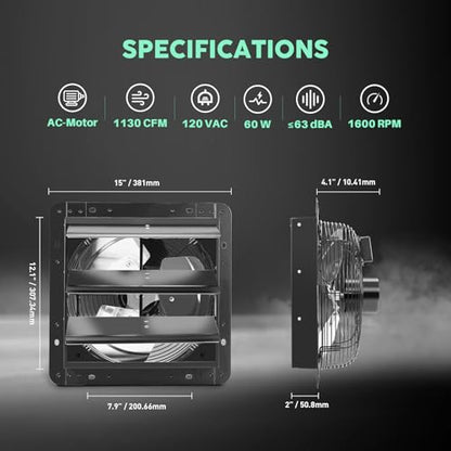 YOZON 12" Shutter Exhaust Fan with Speed Controller, Wall Mounted Wall Exhaust Fan, Automatic Shutter, High Speed, 1130CFM, Vent Fan for Garage, Greenhouse, Shed, Chicken Coop and Workshop - Black - size: 12 INCH Black