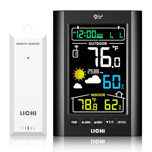 Weather Station Wireless Indoor Outdoor Thermometer， Inside Outside Temperature Humidity Monitor，with 330ft Range Sensor and Adjustable Backlight (Black) - color: Black