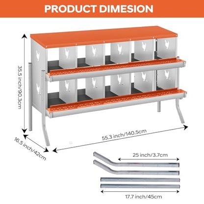 Garvee Chicken Nesting Box, 10 Compartments Nesting Box for Chickens, Galvanized Steel Chicken Laying Box for Easy Egg Collection, Wall Mounting - color: Orange | 10 Compartment+legs