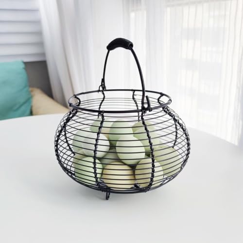 Flexible Colored Egg Collection Basket, Round Wire Egg Basket Stand, Black Farmhouse Decorative Egg Storage, Collect Fresh Eggs, Fruits and Vegetables, with Handles(Black)