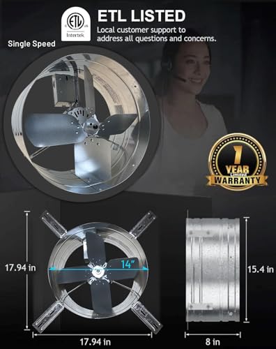 iLiving ILG8G14-12T Automatic Gable Mount Attic Ventilator Fan with Adjustable Thermostat, 2.85 Amp, 2339 CFM, Single-Speed | Automatic - style: 2339 CFM (Single Speed)