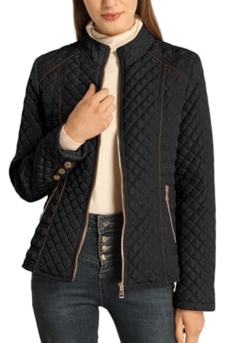Bellivera Women's Stand Collar Lightweight Quilted Puffer Jacket | Casual Padded Zip Long Sleeve Coat for Spring and Winter with Pockets - color: Black, size: X-Large