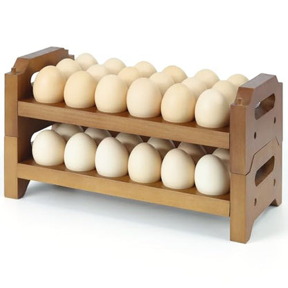 2-Tier Wooden Egg Holder for 36 Eggs, Wooden Egg Holder Countertop with Carry Handle for Chicken, Duck, and Quail Eggs (Stackable)
