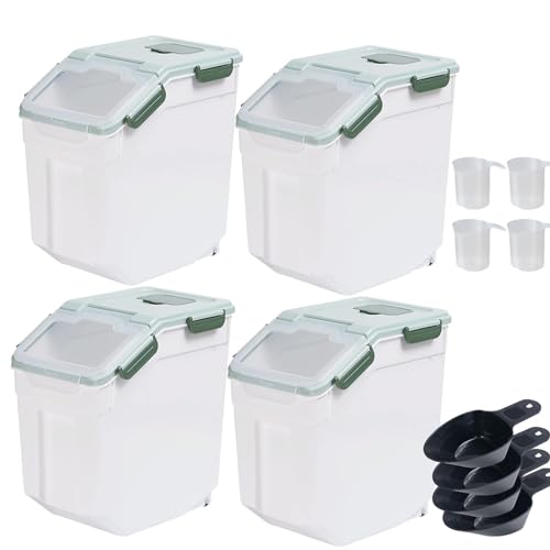 Large Flour Storage Container 25lbs, (4 Pack) BPA Free Rice Dispenser Bin with Locking Lid & Wheels, Measuring Cup, Scoop Kitchen Pantry Organizer for Flour, Rice, Grain, Cereal, Dog Food (Green) - color: 4Pack 25lbs Green