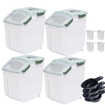 Large Flour Storage Container 25lbs, (4 Pack) BPA Free Rice Dispenser Bin with Locking Lid & Wheels, Measuring Cup, Scoop Kitchen Pantry Organizer for Flour, Rice, Grain, Cereal, Dog Food (Green) - color: 4Pack 25lbs Green