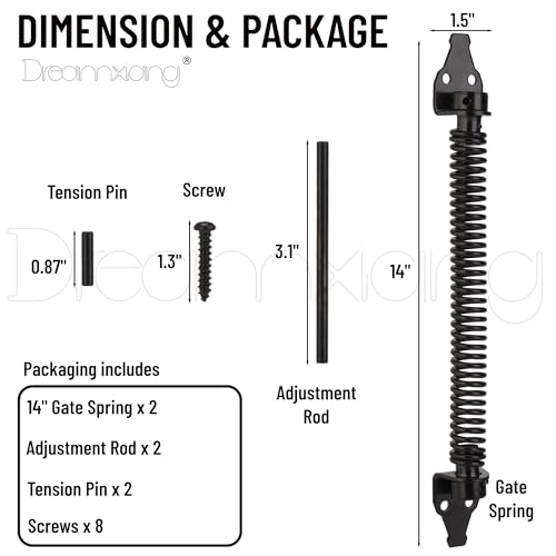 14" Gate Spring Self Closing Heavy Duty Outdoor Door Spring Automatic Fence Gate Closure Hardware Spring Loaded Gate Latch with Adjustable Tool for Wooden and Vinyl Fence, Black (2 Pack) - size: 14 Inch