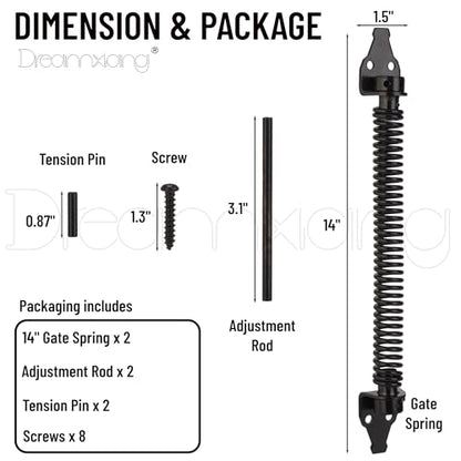 14" Gate Spring Self Closing Heavy Duty Outdoor Door Spring Automatic Fence Gate Closure Hardware Spring Loaded Gate Latch with Adjustable Tool for Wooden and Vinyl Fence, Black (2 Pack) - size: 14 Inch