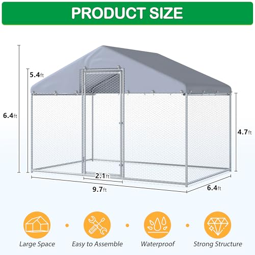 Large Metal Chicken Coop, Walk-in Chicken Run with Waterproof Cover, Spire Roof Hen House Poultry Cage for Outdoor, Backyard
