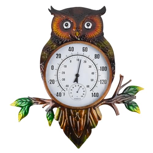 Owl Outdoor Thermometer, 22" Metal Indoor Wall Thermometer, Large Outside Thermometer with Large Number for Patio Home Room Decor - color: Brown Owl