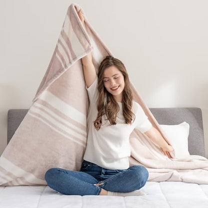 Berkshire Blanket-Classic Heavyweight Warm Soft Printed VelvetLoft® Plush Blanket, King Size Soft Fuzzy Blanket for Couch Sofa Bed, Stripe Cream, 90in x 108in - color: Stripe Cream, size: King/Cal King