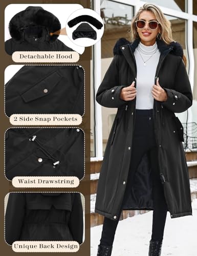 Womens Long Puffer Winter Coats Fleece Jacket Down Parka Warm Overcoat Thicken Quilted Jacket Removable Fur Coat - color: Black, size: Medium