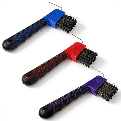 3 Pcs Horse Hoof Pick with Brush, 2-in-1 Hoof Pick for Horses with Soft Grip Rubber Handle, Grooming Brush Tool for Horse Grooming Supplies(Red&Purple&Blue) - color: Purple&Blue&Red