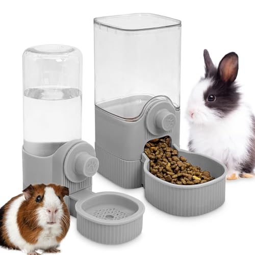 Fhiny Rabbit Food & Water Dispenser, Large Capacity Gravity Guinea Pig Feeder and Waterer Set Hanging Automatic Bunny Feeder for Cage for Bunny Guinea Pig Chinchilla Ferret Cat Puppy - color: Grey