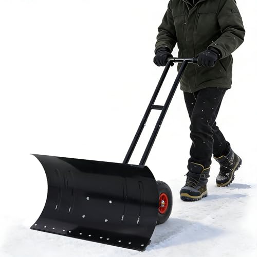 29" Push Snow Shovel with Wheels for Driveway, Heavy Duty Metal Wheeled Snow Pusher Hand Plow with Adjustable Angle & Height Ergonomic Handle for Snow Removable, 29"x14" Blade - color: Black, size: 29" x 14" Dual Pole Handle