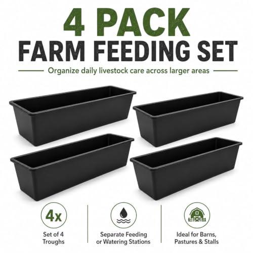 4 Pack 12 Gallon Rubber Feed Pan, 39 Inch Plastic Feeding Trough | Heavy Duty Molded Plastic Design for Horse, Goat, Pig And Livestock Use, Durable Square Design For Farm Feeding Tasks - size: 38.9 × 12 × 7.2 in