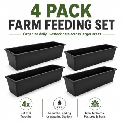 4 Pack 12 Gallon Rubber Feed Pan, 39 Inch Plastic Feeding Trough | Heavy Duty Molded Plastic Design for Horse, Goat, Pig And Livestock Use, Durable Square Design For Farm Feeding Tasks - size: 38.9 × 12 × 7.2 in