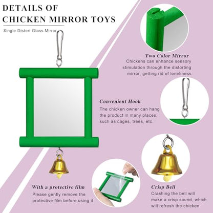 Sumind 2 Pieces Chicken Mirror Toys Hanging Swing Mirror with Bell Wooden Pecking Toy and 4 Pieces Beak Grinding Molar Stones for Hens Birds Parrots(Yellow,Green) - color: Yellow,Green