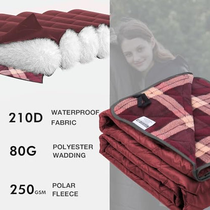 DUKUSEEK Large Waterproof Camping Blanket, Cold Weather Warm Fleece Blankets Windproof Triple Layers for Stadium,Camping, Concerts, Car, Dog - color: Wine Red Outer With Red Plaid Fleece