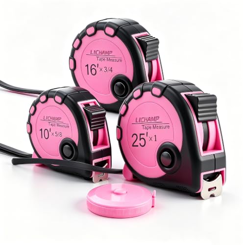 Lichamp Pink Tape Measure 4 Pack, with Soft Tape Measures, 10ft x 5/8in, 16ft x 3/4in, 25ft x 1in, 04MXPK
