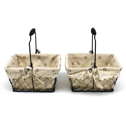 CVHOMEDECO. Primitives Country Chicken Wire Small Gift Baskets Gathering Baskets with Swing Handle and Fabric Liner. Set of 2 (Rectangular)