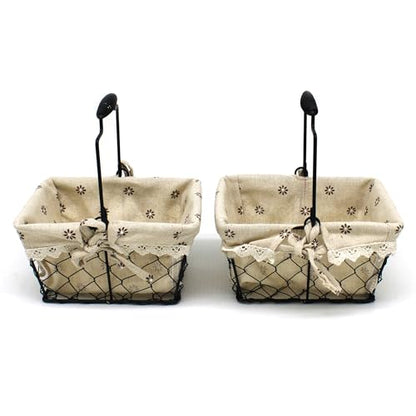 CVHOMEDECO. Primitives Country Chicken Wire Small Gift Baskets Gathering Baskets with Swing Handle and Fabric Liner. Set of 2 (Rectangular)