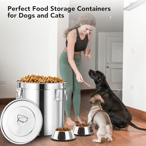 Newget Dog Food Storage Containers, Large Stainless Steel Pet Food Storage Containers 15 lb / 6.5 kg to Keep Fresh, Metal Airtight Cat Food Containers With Scoop and 2 Small Containers - size: 15 lb