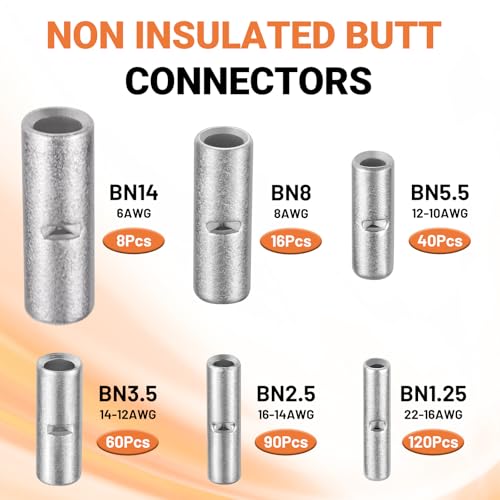 474 PCS-Red Copper Non Insulated Butt Connectors Kits with Heat Shrink,22-6 AWG Uninsulated Butt Connector for Electrical Wiring