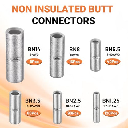 474 PCS-Red Copper Non Insulated Butt Connectors Kits with Heat Shrink,22-6 AWG Uninsulated Butt Connector for Electrical Wiring