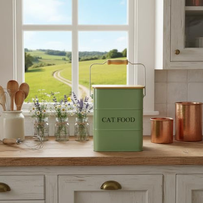 Morezi Cat food storage container storage bin with wooden lid scoop included green metal cat food container in kitchen countertop - color: Cat Food Wood Lid Green