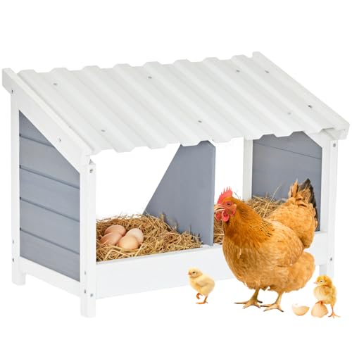 PETSFIT 2 Holes Chicken Nesting Box-All Weather PVC Roof, Natural Wood Design with Privacy Back Panel for Hens-Wall Mounted or Floor Use in Coops, Farms, Backyards,Easy to Assemble and Clean - size: 2 Holes