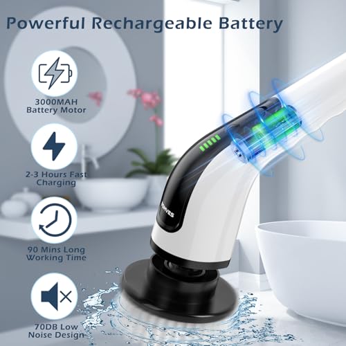 Bomves Electric Spin Scrubber, Cordless Cleaning Brush Scrubber for Home, Multi Replaceable Brush Heads-90Mins Work Time, 3 Adjustable Size, 2 Speeds for Bathroom Shower Bathtub Glass Car