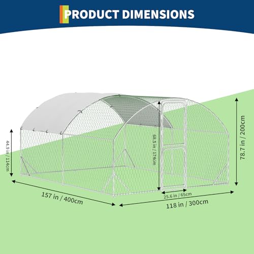 Large Metal Chicken Coop, Walk-in Chicken Run Pen with Waterproof Anti-UV Cover, Heavy Duty Poultry Cage for Chicken, Duck, Rabbit, Outdoor Backyard Farm Use - size: 157.48"L x 118.1"W x 78.7"H