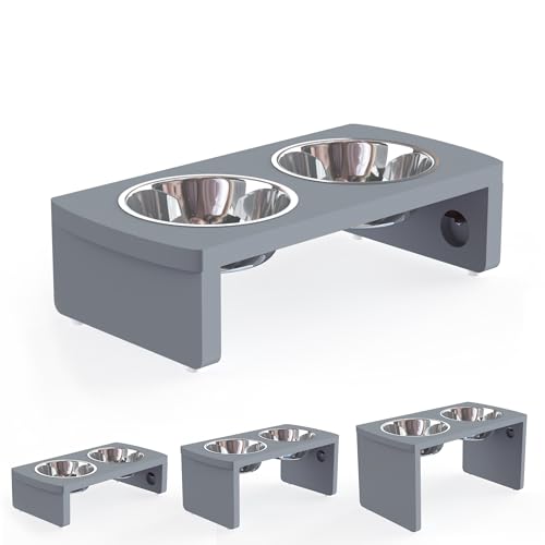 Elevated Dog Bowls, Bamboo Raised Dog Bowl for Dogs, with 2 Stainless Steel Bowls (Grey, Small: 4'' Tall-20oz Bowl) - color: Grey, size: Small: 4'' Tall-20 oz Bowl