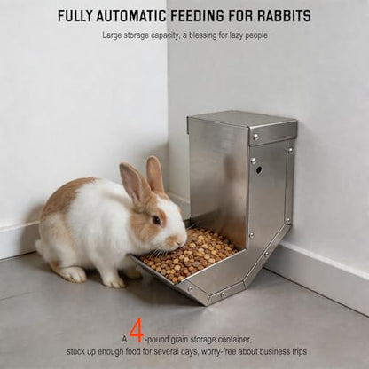 Rabbit Feeder - Small Animal Stainless Steel Gravity Feeding Trough with Lid, Outdoor Durable Cage Feeder Holds Several Days' Food (4 Inch/1.5Lbs) - size: 1 pc
