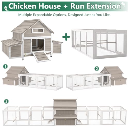 Large Chicken Coop Chicken House Outdoor with 6 Nesting Boxes & Pull-Out Tray for 4-6 Chickens, Wooden Backyard Hen House Poultry Cage with Weatherproof Openable Roof, 3 Perches, Expandable Run - color: 61"L x 33.5"W Grey