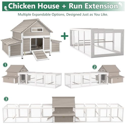 Large Chicken Coop Chicken House Outdoor with 6 Nesting Boxes & Pull-Out Tray for 4-6 Chickens, Wooden Backyard Hen House Poultry Cage with Weatherproof Openable Roof, 3 Perches, Expandable Run - color: 61"L x 33.5"W Grey